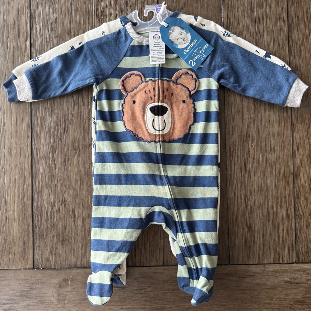 Gerber Navy Blue and Light Green Striped Bear Footed One-Piece